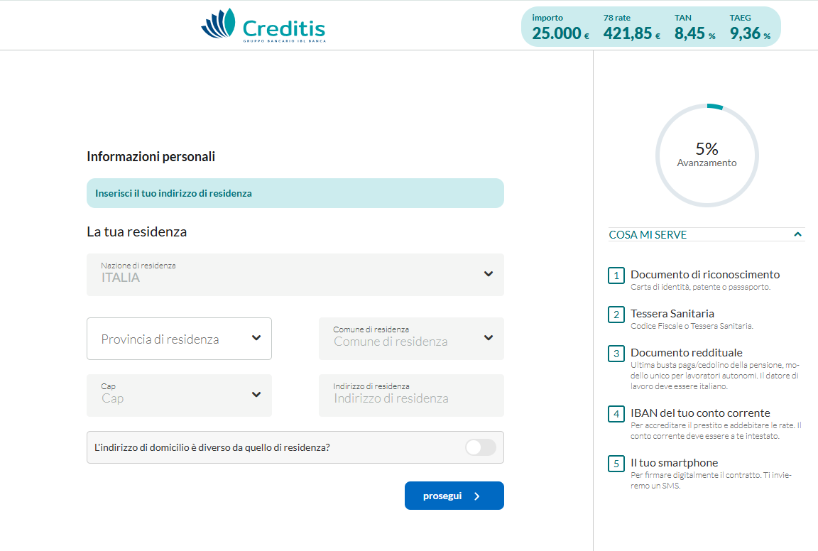 Step residenza e riepilogo condizioni economiche del prestito