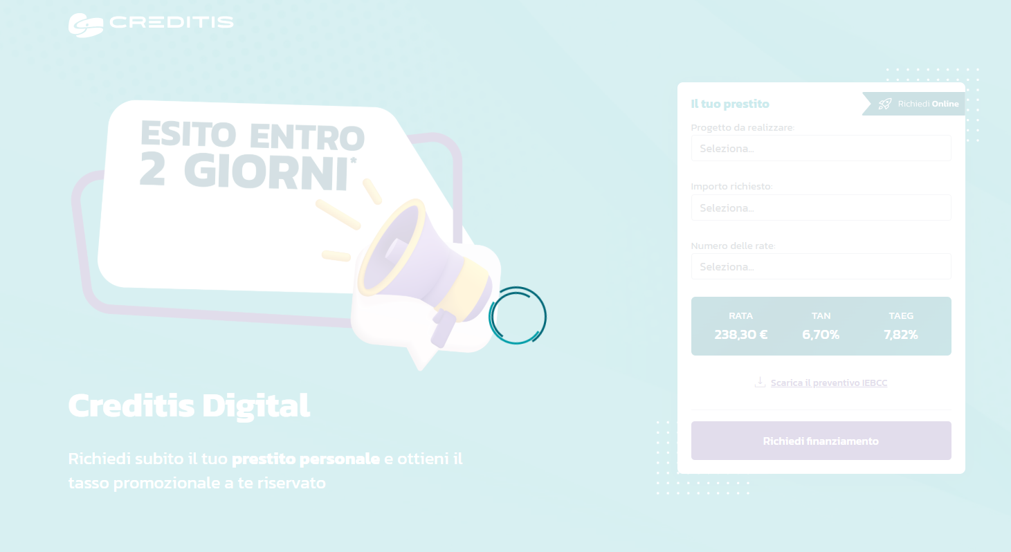 Creditis Digital — landing di richiesta prestito personale con simulatore