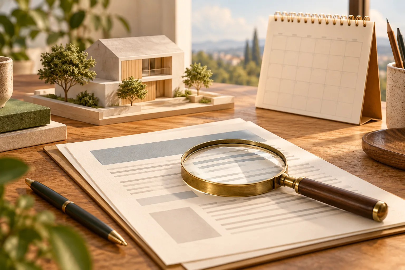 Illustration of documents, a magnifier and a calendar for assessing a funding call