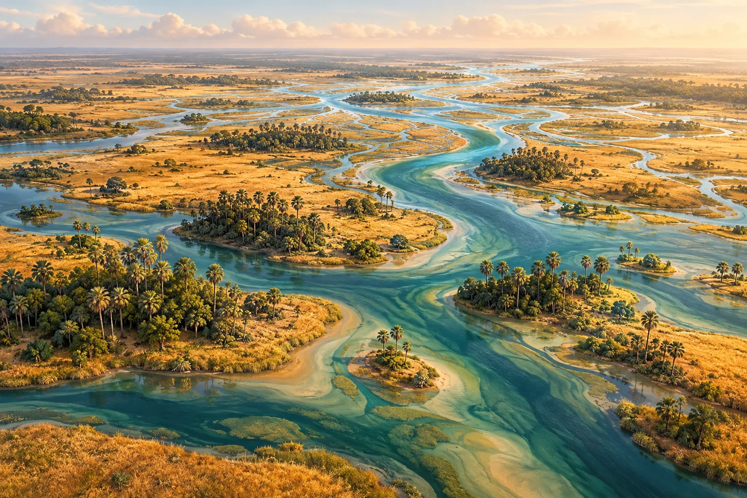 Aerial illustration of channels and islands in an African delta