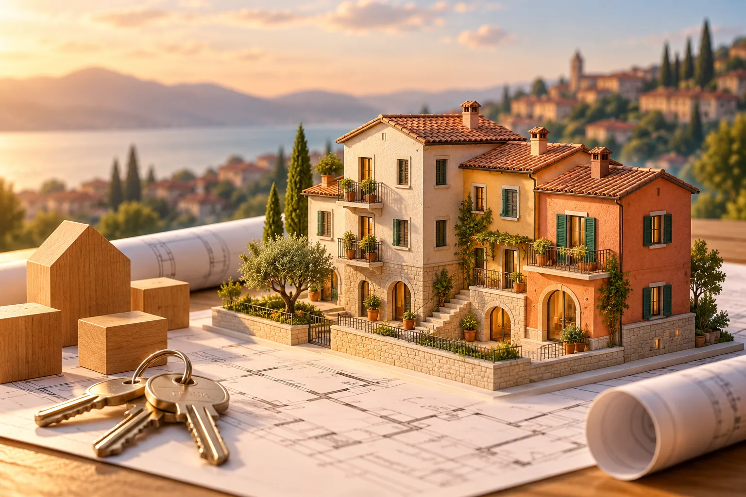 Illustration of a residential model over plans beside keys